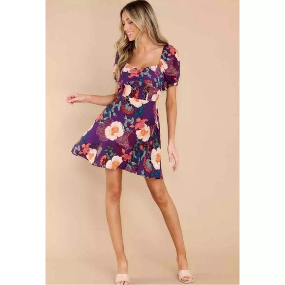 Band of Gypsies Dresses & Skirts - BOG Band of the Free NWT Aimee Purple Floral Puff Sleeve Mini Dress Smocked Sz L